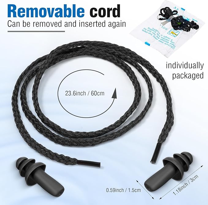 Tondiamo 200 Pairs Ear Plugs Reusable Silicone Earplugs with Cord Sleeping Individually Wrapped Hearing Protection Noise Cancelling Earplugs for Work Construction Shooting Sports (Black)