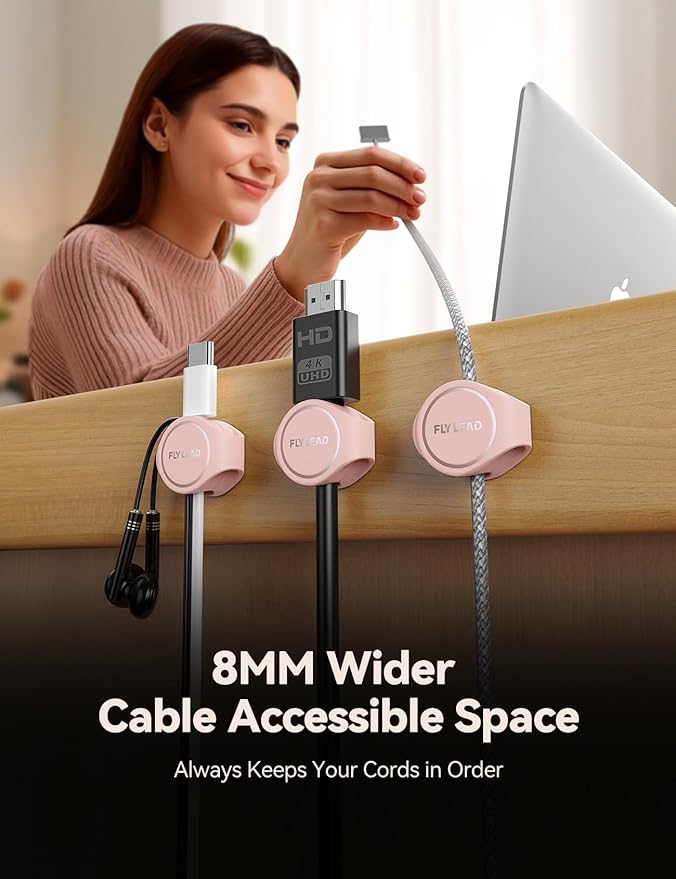 8-Pack Cord Organizer Silicone Magnetic Cable Clips [8 mm Wider Cable Accessible] Desk Wire Management, FLYLEAD Desktop Cord Holder for Nightstand, Office Workspaces Desk Organization Home Accessories