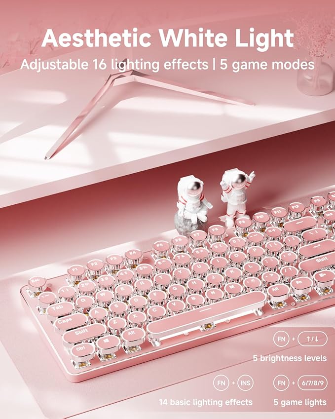 EWEADN TK950 Typewriter Keyboard Wireless Mechanical Keyboard, 104 Keys Aesthetic Typewriter Keyboards with White Backlit, Anti-Ghosting, Blue Switch Bluetooth/2.4GHz/Wired Keyboards-Pink