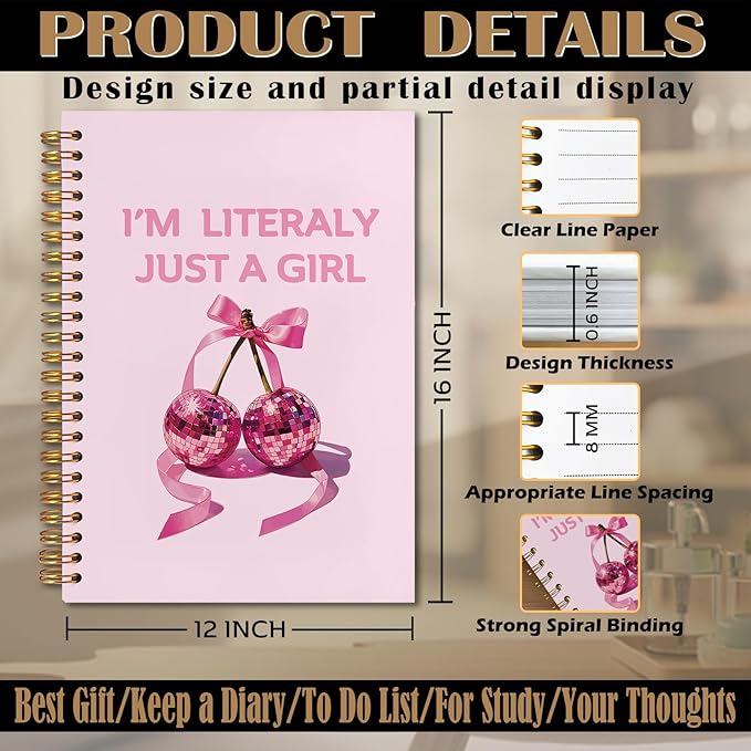 I'm Literally Just a Girl Pink Coquette Cherry Bow Spiral Notebook 5.5x8.3, Preppy Girly Journal for Women, Pink Office Supplies, Aesthetic Notebooks for Note Taking