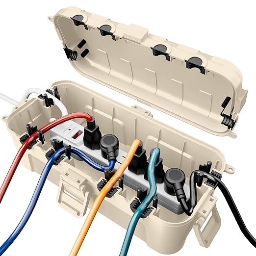 RESTMO Outdoor Electrical Box, IP54 Weatherproof Extension Cord Cover with 6 Cable Entry Ports, Waterproof Connection Box Protect Power Strip, Timer, Plug, Holiday Lights, (11.5x5.2x4 inch), Almond