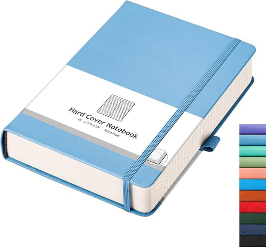 AHGXG Thick Notebook College Ruled, 320 Numbered Pages Lined Journal for Writing, A5 Notebooks for Work, 100gsm Paper, Faux Leather Hardcover, for Women, Men, Note-taking, 5.75'' X 8.38''-LightBlue