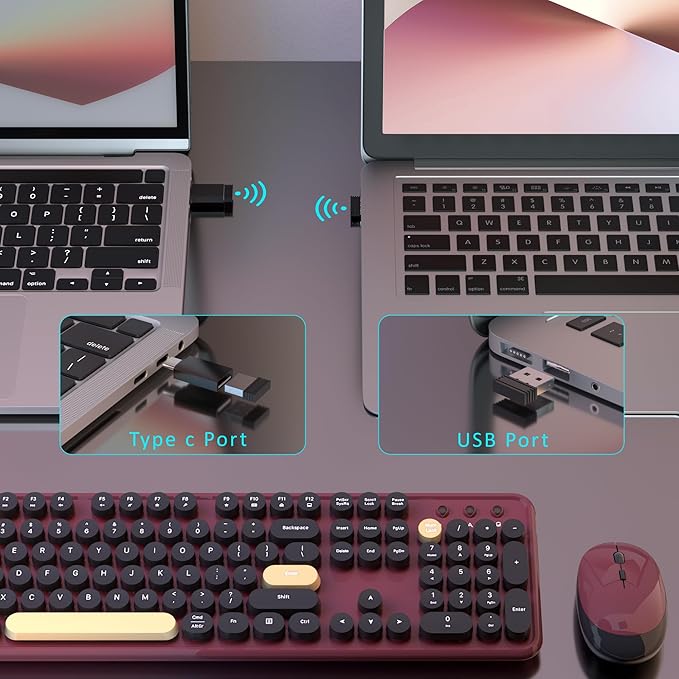 Wireless Computer Keyboards Mouse Combos, COVEVA Colorful Typewriter Retro Keyboard with Round Keycaps, USB Keyboard and Mouse Set 2.4GHz Full-Size Wireless Keyboard and Optical Mouse（Black-Claret）