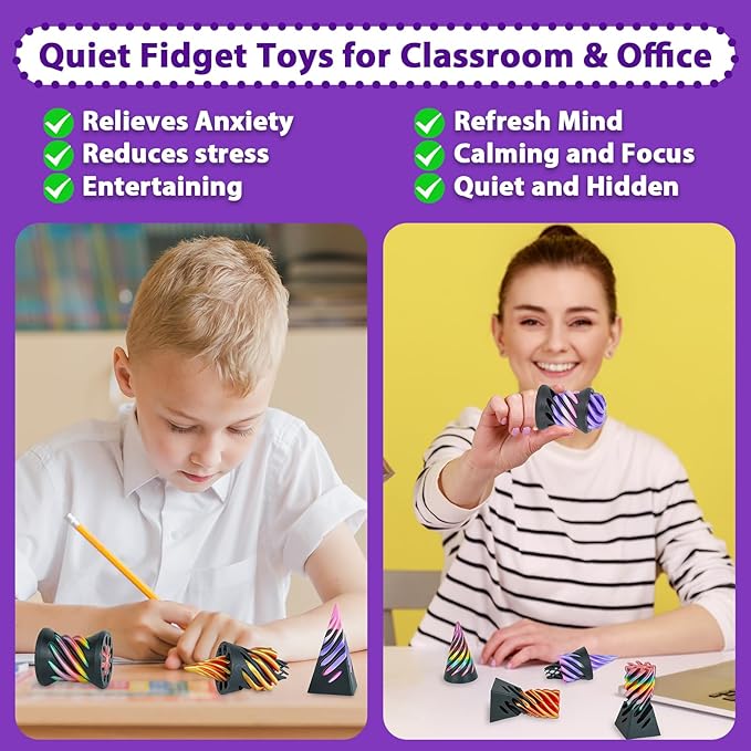 3 Packs Impossible Spiral Cone Fidget Toys,3D Printed Pyramid Passthrough Sculpture,Mini Sensory Toy for Stress Relief Anxiety,Desktop Decor Gifts for Adults & Kids (Rainbow Black)