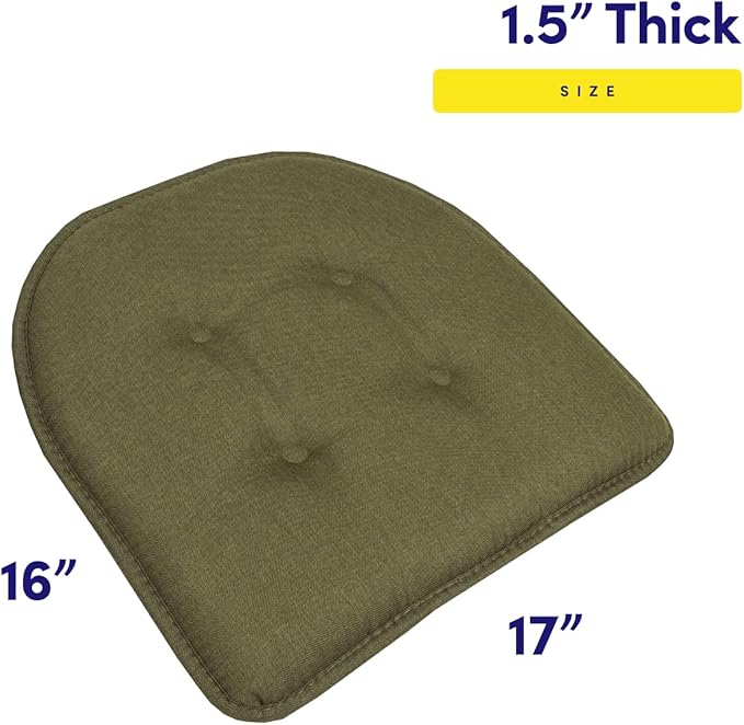 Sweet Home Collection Chair Cushion Memory Foam Pads Tufted Slip Non Skid Rubber Back U-Shaped 17" x 16" Seat Cover, Army Green 6 Count