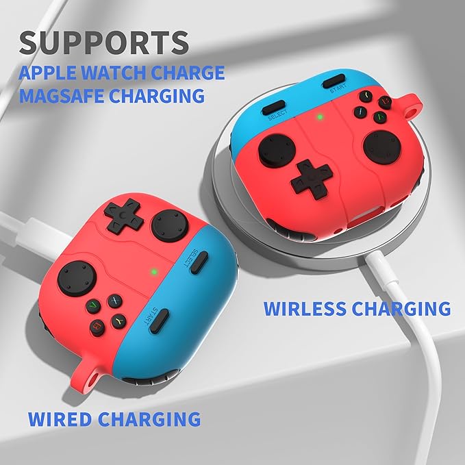 DamonLight Game Case for AirPods 4 Cover Shock-Proof Protective Silicone Case with Cleaning Pen and Keychain Accessories for Apple Airpods 4th Generation (Red & Blue)