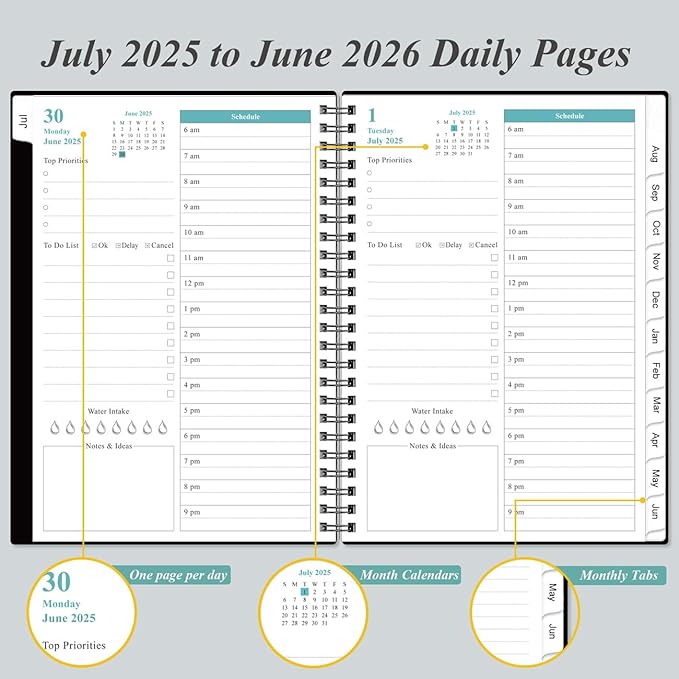 2025-2026 Daily & Monthly Planner - One Page Per Day, Daily Planner from July 2025 to June 2026, Planner 2025-2026 with 12 Monthly Tabs, 6.4" x 8.5", Black