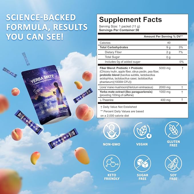 Yerba Mate Peach Mango Drink Mix - Instant Tea Powder with Natural Caffeine & Probiotics for Gut Health, Focus, Cortisol Levels, Immunity, 30 Servings Clean Energy Drink Powdered, No Crash, Sugar-Free