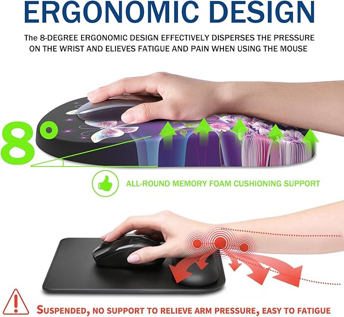 Ergonomic Mouse Pad Wrist Support, with Memory Foam & Non-Slip PU Base, Comfortable Massage Design Mouse Pad Relieve Wrist Fatigue&Pain, Suitable for Computer, Office and Home(06Pretty Butterfly)