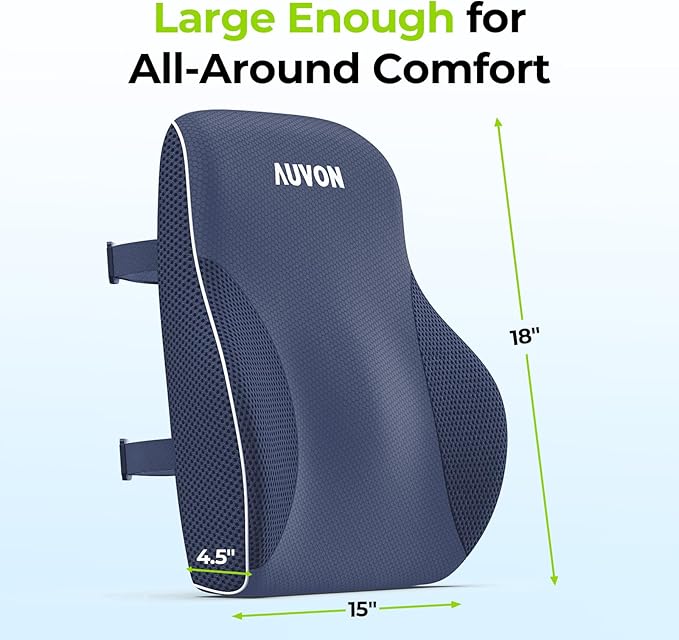 AUVON Lumbar Support Pillow for Office Chair, Lower Back Support, Ergonomic Office Home Essentials Improve Posture, Memory Foam Chair Cushion with Straps for Home, Office, Car (Blue)
