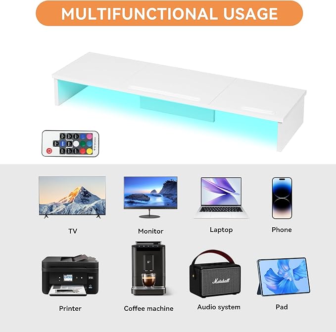 Dual Monitor Stand Riser with LED Lights and Phone Tablet Holder, 35.8in Large Monitor Stand for Desk, Computer Monitor Stand for 2 Monitors, Desktop Shelf Organizer for Laptop, Printer, TV