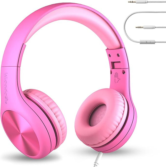 LilGadgets Connect+Wired Kids Headphones for School with Microphone, Volume Limiting & Noise Reduction Over-Ear Headset with Cord, SharePort Technology & SoftTouch Padding, Pink - Kid Headphones