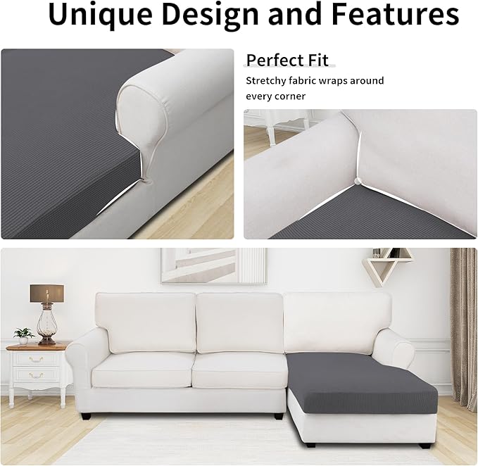 Easy-Going Stretch Sectional Couch Covers 1 Piece Chaise Lounge Slipcover L Shape Separate Cushion Couch Seat Chaise Cover for Both Left/Right Sectional Couch Gray