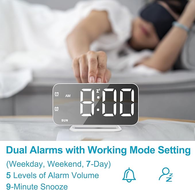 Slim LED Digital Alarm Clock, Mirror Surface for Makeup, with Diming, Large Display, Easy Setting, USB Ports, Modern Decor for Bedroom, Desk, Christmas, Birthday Gift for Women, Daughter, Girl, White