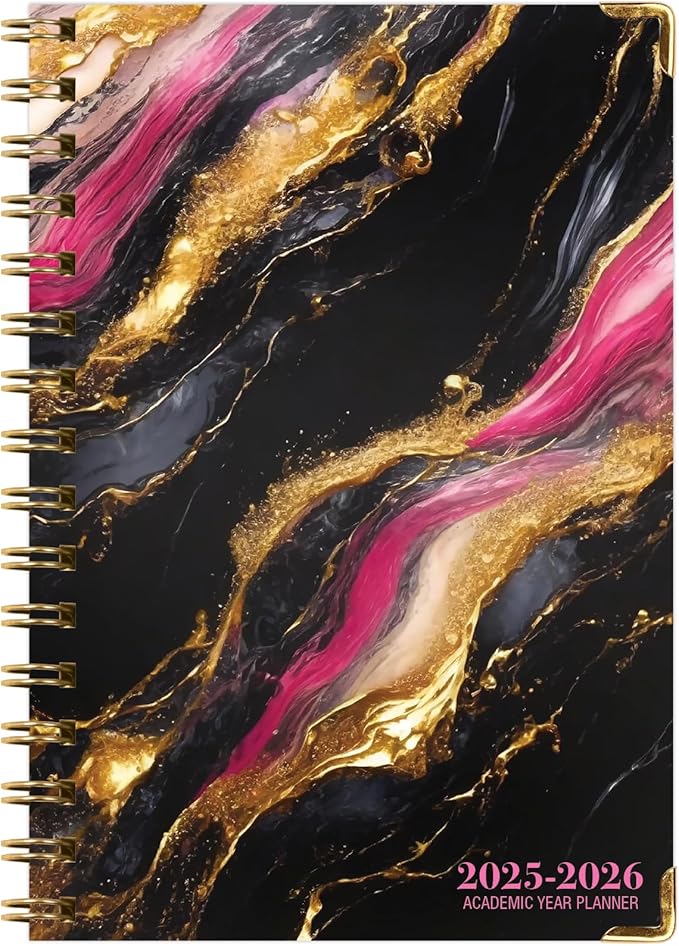 HARDCOVER Academic Year 2025-2026 Planner: (June 2025 Through July 2026) 5.5"x8" Daily Weekly Monthly Planner Yearly Agenda. Bookmark, Pocket Folder and Sticky Note Set (Dark Gold Marble)