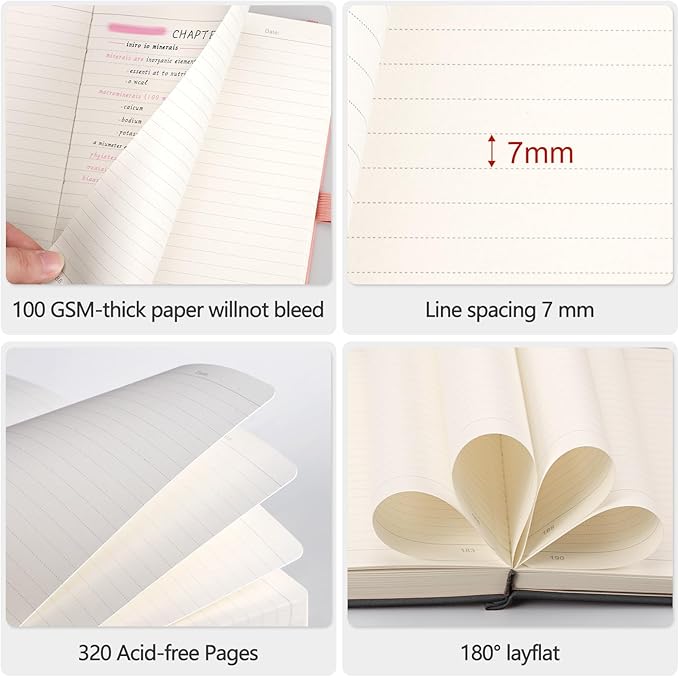 AHGXG Lined Journal Notebook - 320 Numbered Pages Thick Journals for Men, Large B5 College Ruled Notebook for Writing, 100gsm Thick Paper, Leather Softcover, for Women Work School, 7.6'' X 10''-Black