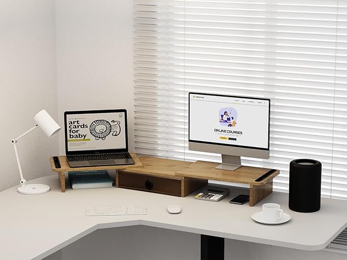 Dual Monitor Stand Riser with Drawer-Adjustable Length and Angle, Monitor Stand Riser for 2 Monitors, Desktop Organizer Stand for Computer/Laptop/PC/Printer (Oak)