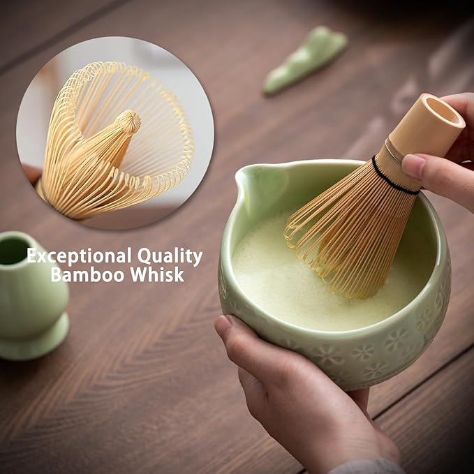 Matcha Whisk Set, Ceramic Matcha Bowl, Bamboo Whisk, Scoop, Sifter, Tea Towel - 7 Pcs Matcha Kit for Matcha Lovers (Green)