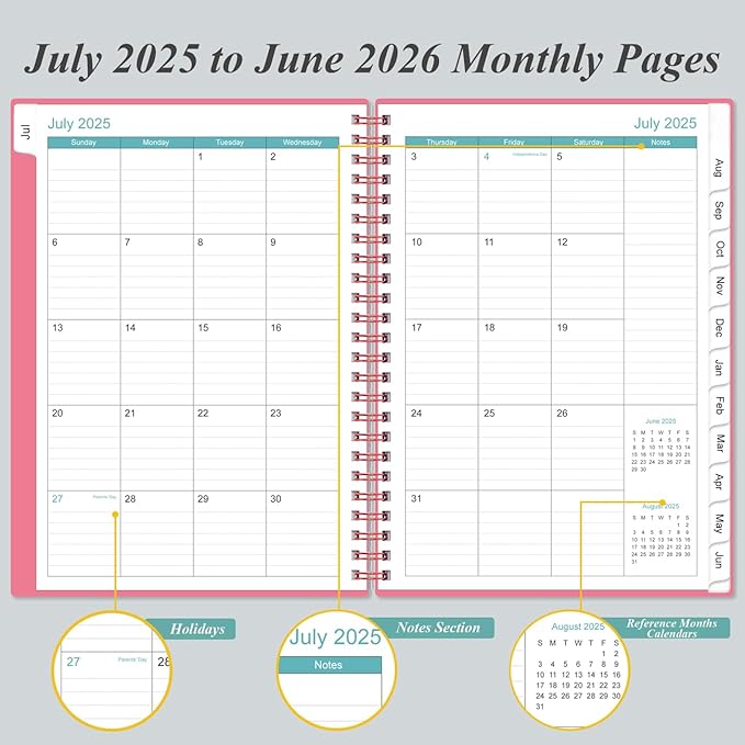 2026 Daily & Monthly Planner - One Page Per Day, Daily Planner 2026 from January 2026 to Deccember 2026, Planner 2026 with 12 Monthly Tabs, 6.4" x 8.5", Pink