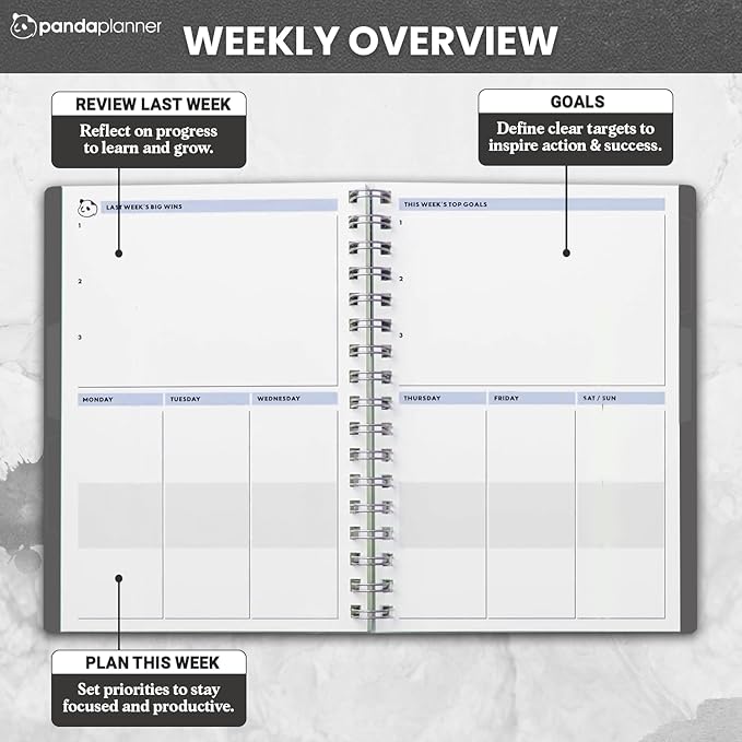 Panda Planner 2025-2026 Undated Daily Planner 5.75" x 8.25" – 90-Day Spiral Academic & Productivity Planner with Hourly Schedule, Habit Tracker, To-Do List & Monthly Calendar – ADHD-Friendly Panda Journal (Gray)