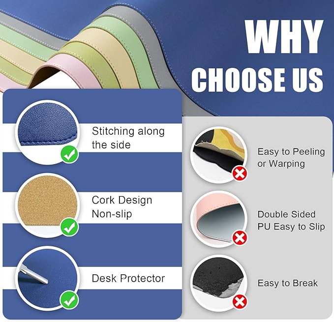 Large Desk Pad Protector, Non-Slip Computer Mat for Desk, 55'' x 17'' PU Leather Office Desk Mat for Home & Office, Laptop Desk Blotter Pad for Mouse and Keyboard, Dark Blue