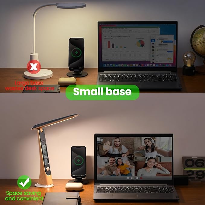 Rechargeable Cordless LED Desk lamp, dimmable Table lamp with Battery,Digital Clock,LCD,Date,Stepless Brightness Foldable Portable Lights for Home,Reading,Office (Brown)