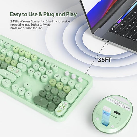 Fogruaden Green Keyboard and Mouse Wireless, Retro Typewriter Keyboard, 2.4GHz 104 Keys Full Size Cute Keyboard with Number Pad, Gradient Colorful Keyboard with Round Keycaps for Windows PC Laptop
