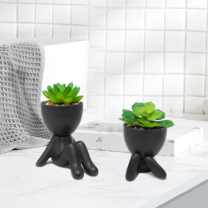 Zerzsy 2PCS Cute Artificial Succulent Plants with Creative Human Shaped Pots, Desk Decoration Mini Potted Planter Succulent Decor for Desktop Office Bedroom Table Decor (Matte Black)