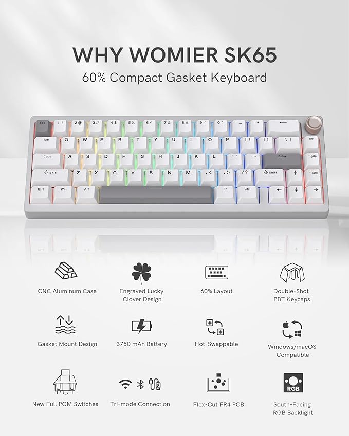 Womier SK65 Wireless Mechanical Gaming Keyboard with Knob, 60 Percent Aluminium Keyboard for PC, Bluetooth 5.0/2.4GHz/USB-C Wired, Hot Swappable Custom Lineaner Switch, RGB Backlit (Silver V2)