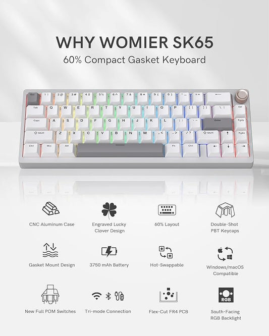 Womier SK65 Wireless Mechanical Gaming Keyboard with Knob, 60 Percent Aluminium Keyboard for PC, Bluetooth 5.0/2.4GHz/USB-C Wired, Hot Swappable Custom Lineaner Switch, RGB Backlit (Silver V2)
