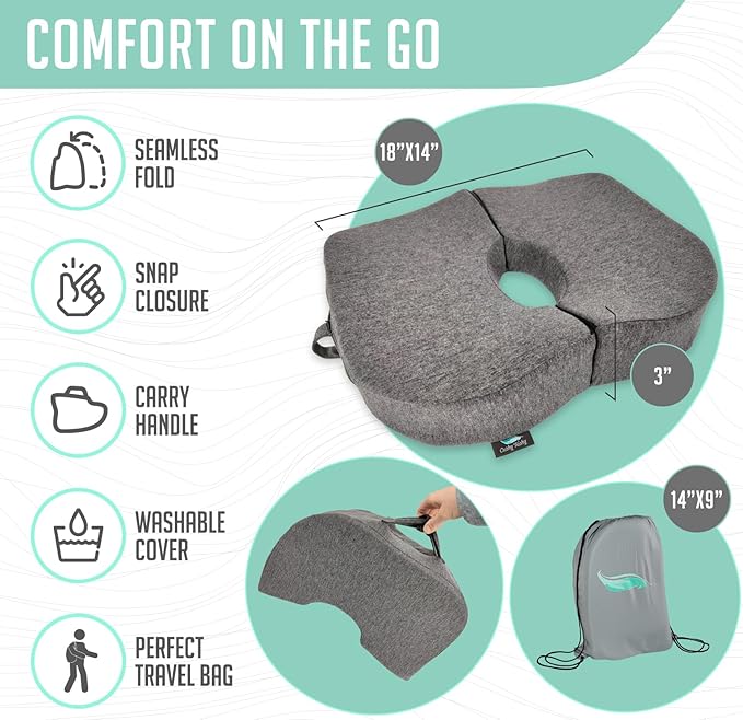Premium Foldable Travel Tailbone Seat Cushion - for Relief of Lower Back, Sciatic, Butt and Tailbone Pain - for Home & Office Use, Perfect for Travel or Driving