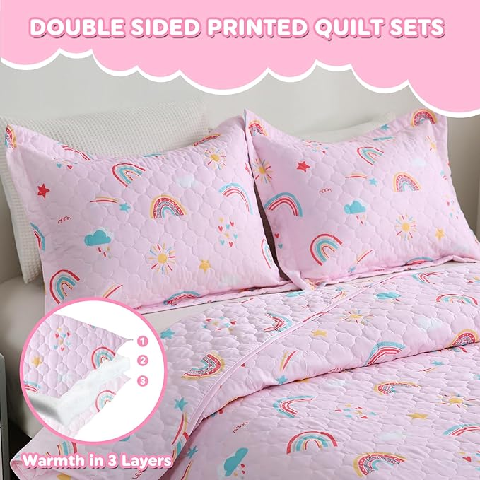 Pink Girls Rainbow Quilt Set Queen Size Kids Bedding Sets Lightweight Summer Bedspread Soft Microfiber Breathable Bed Comforter All-Season