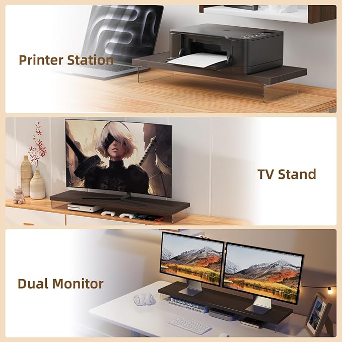 Monitor Stand Riser, Wood & Acrylic Computer Monitor Stand Desk Desktop Organizer Table for Home, Office Workspace, Laptop Riser, Printer, PC & TV Screen Riser