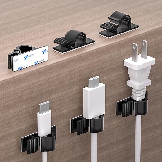 XHF 100pcs Adhesive Cable Wire Clips Black, Outdoor Cable Management Wire Organizer Cord Holder for Under Desk, Car, Wall, TV PC Ethernet Cable