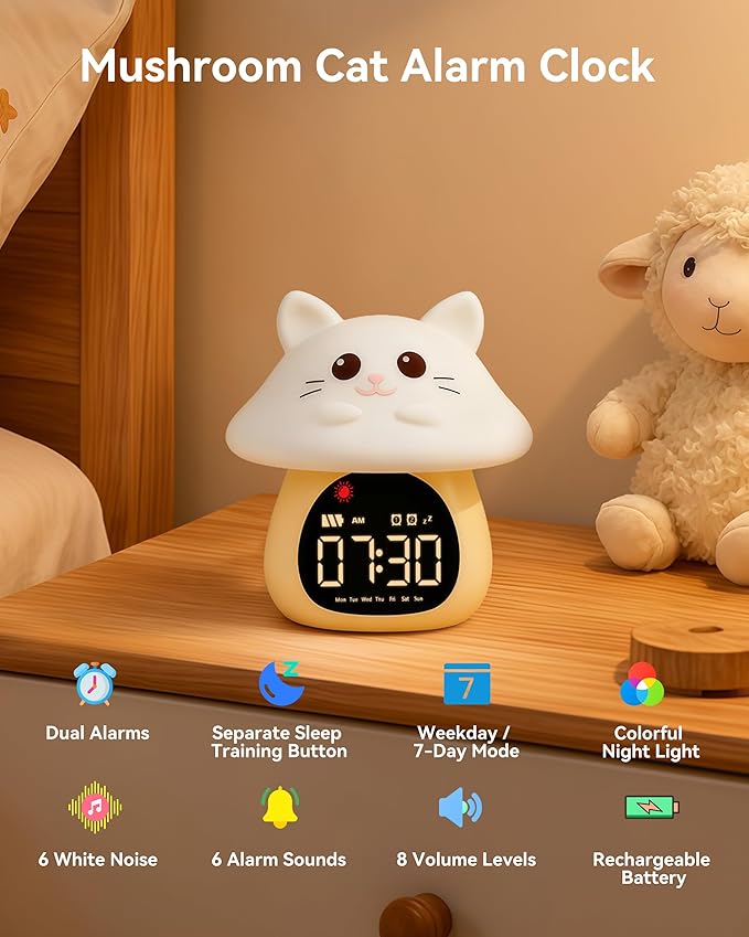 Yiliaw Sleep Training Alarm Clock with Night Light for Kids - Ok to Wake Clock with Dual Alarms, Night Light & RGB Colors, 6 Alarm Tones & White Noise, Rechargeable Clock for Boys & Girls, Cat