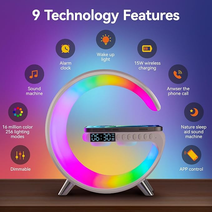 Alarm Clock Radio Bluetooth Speaker Smart Alarm Clocks Wireless Fast Charger Desck Sound Machine Wake Up Light Night for Bedrooms Dorm Kids Adults Desk Table Lamp Gift