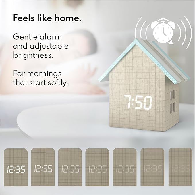 Driini Digital House Shaped Alarm Clock with Temperature Display (Stripe Wood) – Modern Aesthetic - Cute Cube Frame and White LED Dimmer - Perfect Small Desk Clock for Bedside Table or Bedroom Mantle
