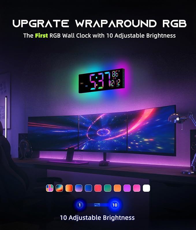 16.5" Large Digital Wall Clock with BT Sync, RGB Lights with 11 Scenes Mode Remote Control, Dual Alarms with Big LED Display, Auto DST, Temperature for Classroom Gaming