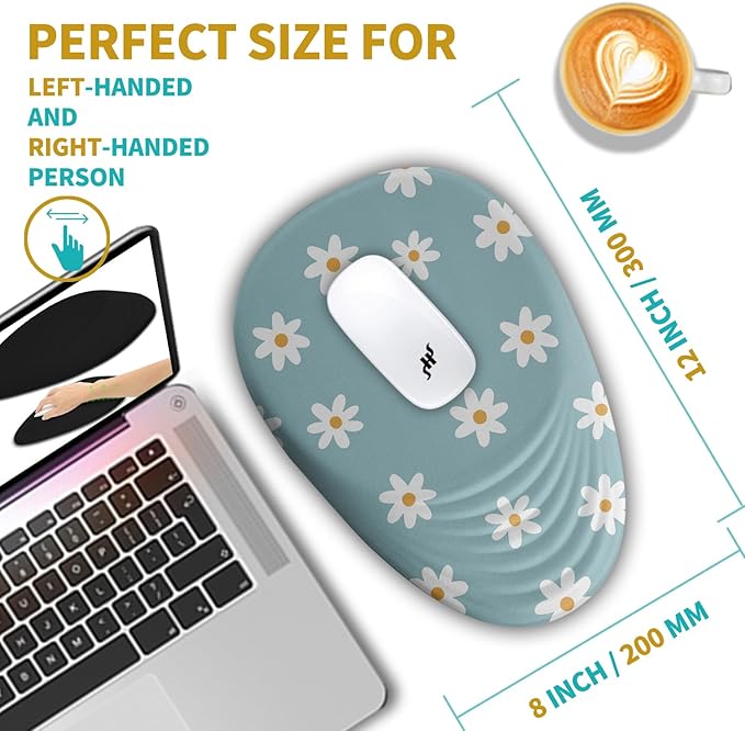 Hokafenle Ergonomic Mouse Pad Wrist Support with Stepped-Wedge Design, Wrist Rest Pain Relief Mousepad Filled with Memory Foam, Carpal Tunnel Mousepad for Wireless Mouse(12x8 inch, Little Daisy)