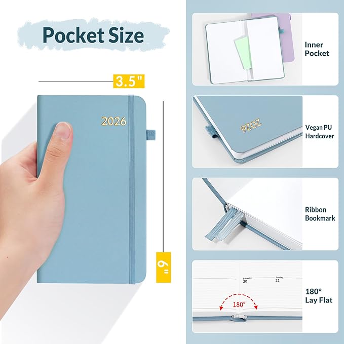 SUNEE 2026 Pocket Weekly Planner for Purse 3.5" x 6" - 12 Month (January 2026 - December 2026), Small Size Planner, Hardcover, Notes, Pocket, 100 GSM Paper, Gray Blue