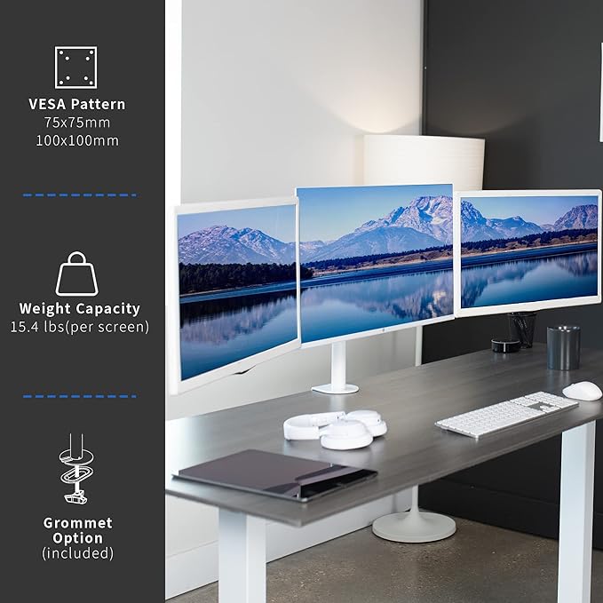 VIVO Triple Monitor Adjustable Desk Mount, Articulating Tri Stand, Holds 3 Screens up to 24 inches, White, STAND-V003YW