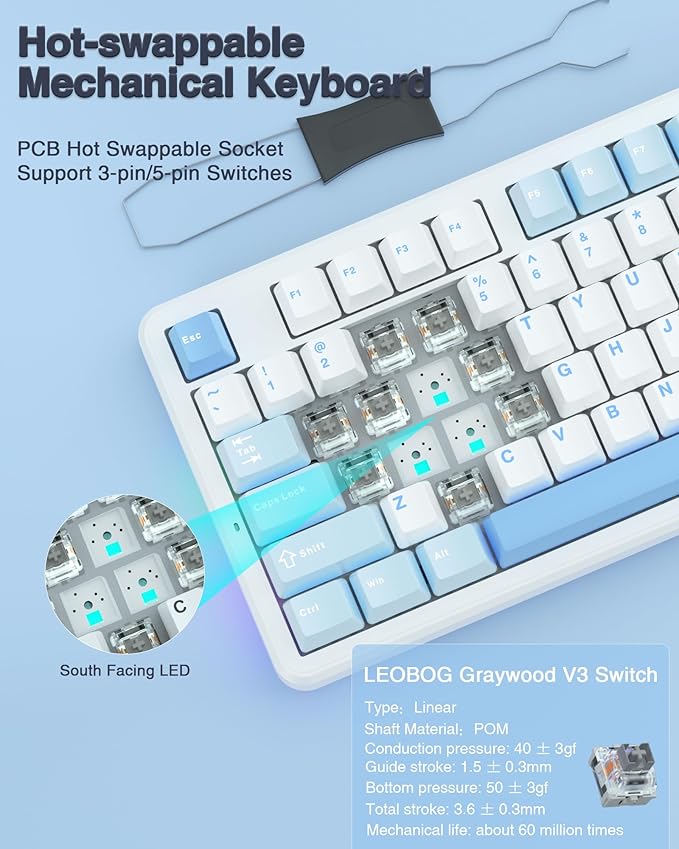 AULA F87 Wireless Mechanical Keyboard, 75% TKL Custom Hot Swappable Gaming Keyboards with PBT Keycaps, Pre-lubed Greywood Switches, RGB Backlit Creamy Keyboard, 2.4GHz/USB-C/BT5.0