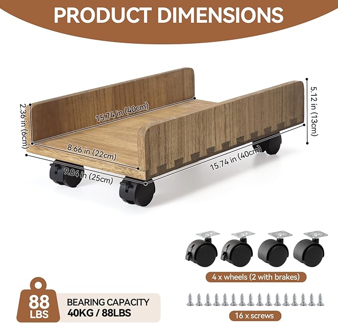 KIRIGEN Computer Tower Stand Cart - Heavy Duty Desktop Mobile Cart Holder for Computer Host with 4 Mute Caster Wheels - Wood Rolling ATX PC Case Rack, CPU Case Protecting Shelf (ZJJ Dark Brown)