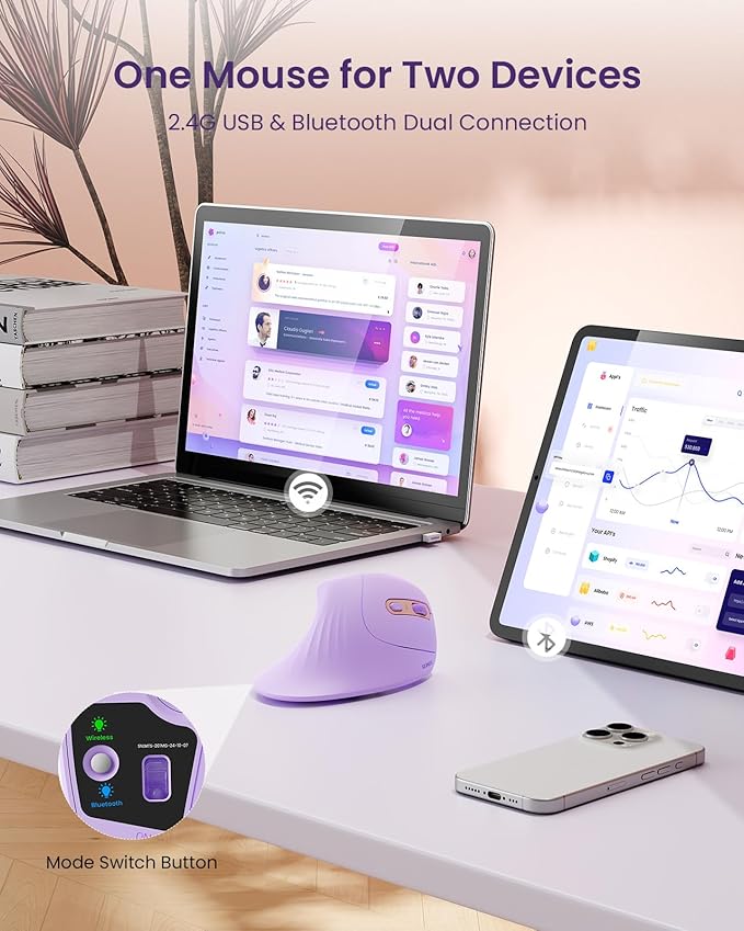 seenda Ergonomic Mouse with Jiggler - Wireless Vertical Mouse with Multi Device Connection (Bluetooth or USB), Reduces Wrist Strain, Quiet Click, Compatible with PC, Laptop, Mac, Windows (Purple)