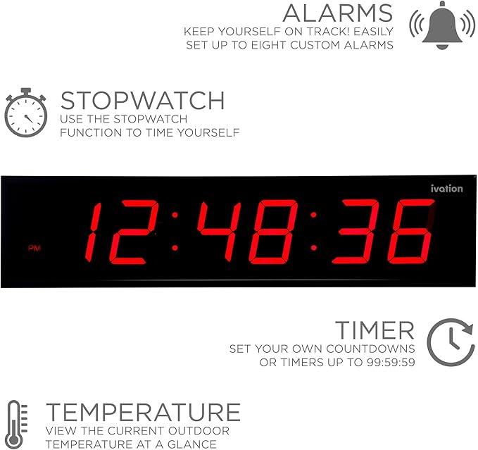 Ivation Huge Oversized 48" Large Digital LED Clock | Big Digital Clock w/Multi-Function Display – Stopwatch, Timer, Alarms, Temp & Date | 6 Brightness Levels, Time Memory & Remote (Red)