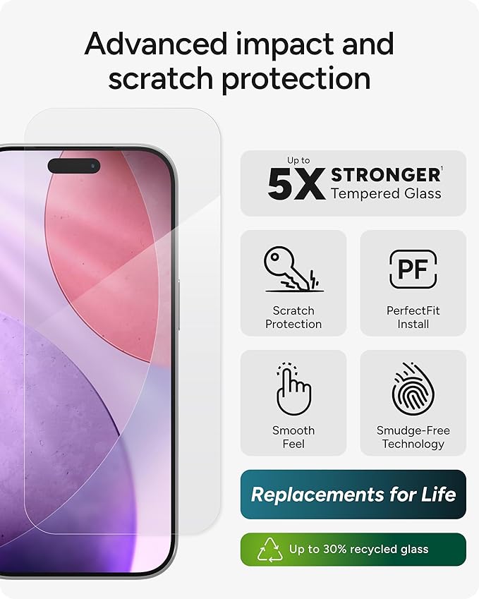 ZAGG Glass Elite Screen Protector for iPhone 17 Pro - 5X Stronger Tempered Glass, ClearPrint Technology for Smudge Free Clarity, Smooth Feel, Full Coverage, InvisibleShield, Easy Two-Step Installation