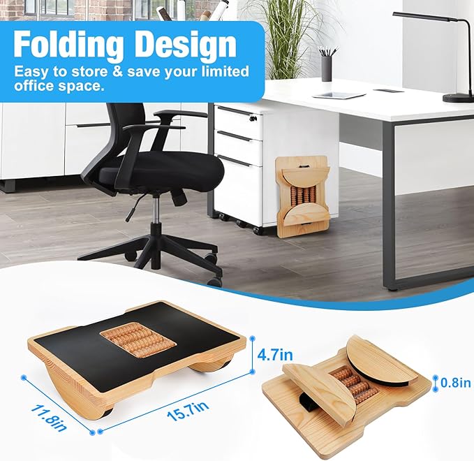 Wood Foot Rest for Under Desk at Work, Ergonomic Foldable Footrest with Roller Massager for Enhanced Circulation & Comfort, Standing Desk Rocker Balance Board for Office & Home