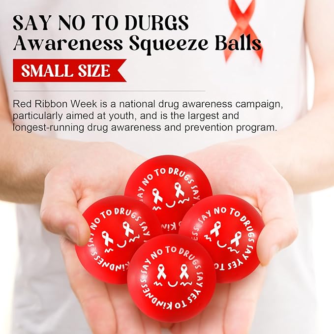 Poen 60 Pcs Red Ribbon Week Supplies Bulk Say No to Drugs Red Awareness Squeeze Balls Drug Free Awareness Anti Drug Events Gifts Motivational Relief Stress Balls for Charity Activity (Cute Style)