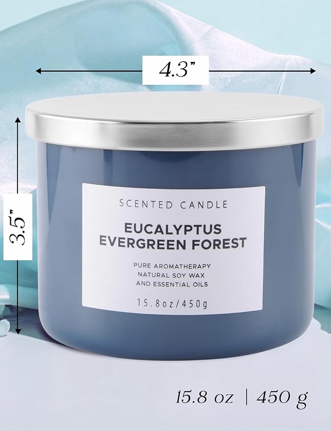 Eucalyptus Evergreen Forest 3 Wick Scented Candle | Luxury Soy Candles for Home | Relaxing Aromatherapy Stress Relief Candle 15.8 oz | Clean Burn Long Lasting Balsam Fir Woods Candles for Men & Women