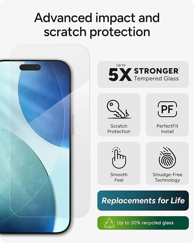 ZAGG Glass Elite Screen Protector for iPhone 17-5X Stronger Tempered Glass, ClearPrint Technology for Smudge Free Clarity, Smooth Feel, Full Coverage, InvisibleShield, Easy Two-Step Installation